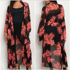 🆕NEW!🛍 Neon Coral and Black Luxe Kimono Duster